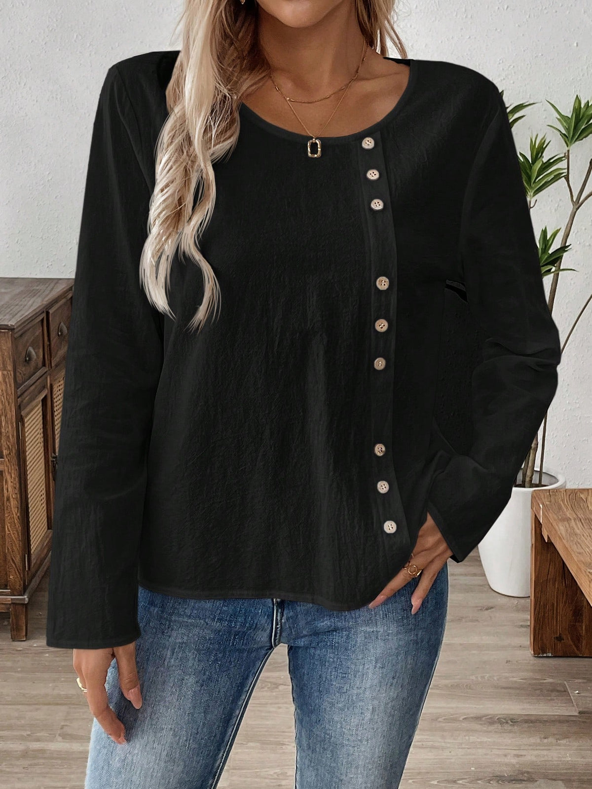 EMERY ROSE Women's Solid Color Round Neck Long Sleeve Button Design Casual Shirt, Autumn