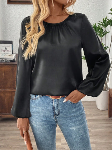 EMERY ROSE Women's Solid Color Round Neck Long Sleeve Casual Blouse