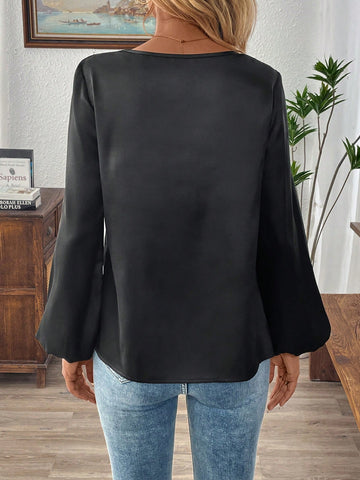 EMERY ROSE Women's Solid Color Round Neck Long Sleeve Casual Blouse