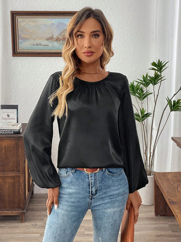 EMERY ROSE Women's Solid Color Round Neck Long Sleeve Casual Blouse