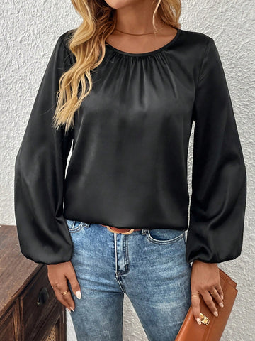 EMERY ROSE Women's Solid Color Round Neck Long Sleeve Casual Blouse
