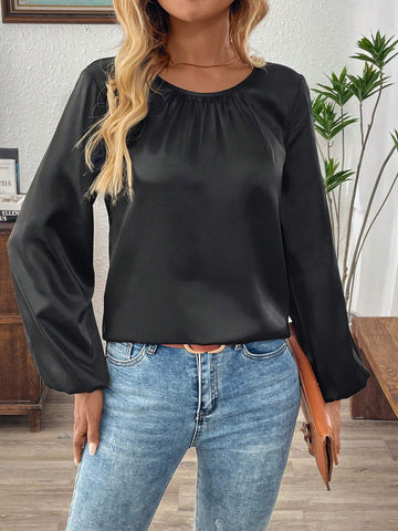 EMERY ROSE Women's Solid Color Round Neck Long Sleeve Casual Blouse