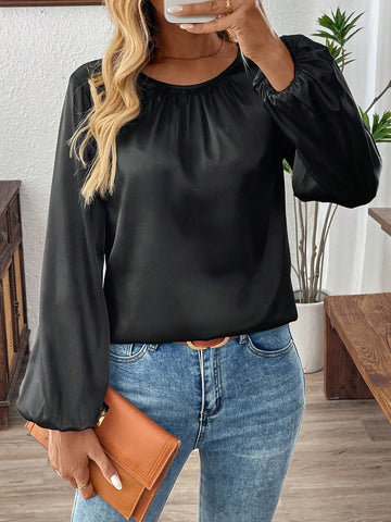 EMERY ROSE Women's Solid Color Round Neck Long Sleeve Casual Blouse