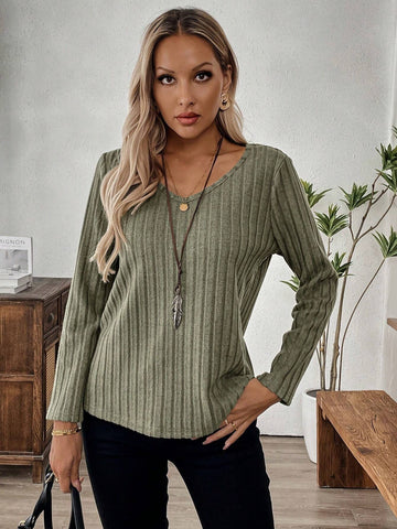 EMERY ROSE Women's Solid Color Round Neck Long Sleeve Casual Fleece T-Shirt For Fall/Winter