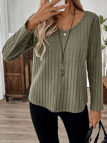 EMERY ROSE Women's Solid Color Round Neck Long Sleeve Casual Fleece T-Shirt For Fall/Winter