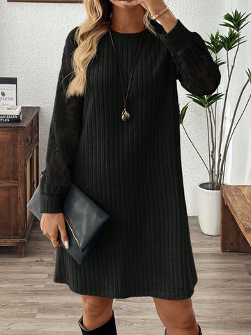EMERY ROSE Women's Solid Color Round Neck Long Sleeve Rib Knit Casual Short Dress, For Autumn