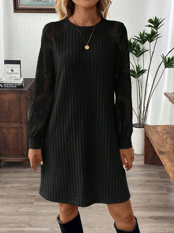 EMERY ROSE Women's Solid Color Round Neck Long Sleeve Rib Knit Casual Short Dress, For Autumn