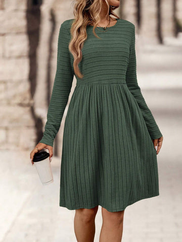 EMERY ROSE Women's Solid Color Round Neck Long Sleeve Rib Knit Short Casual Dress For Autumn