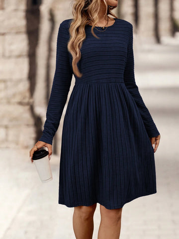 EMERY ROSE Women's Solid Color Round Neck Rib Knit Long Sleeve Dress