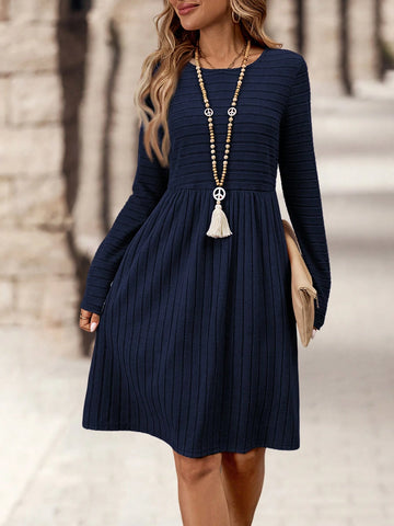 EMERY ROSE Women's Solid Color Round Neck Rib Knit Long Sleeve Dress