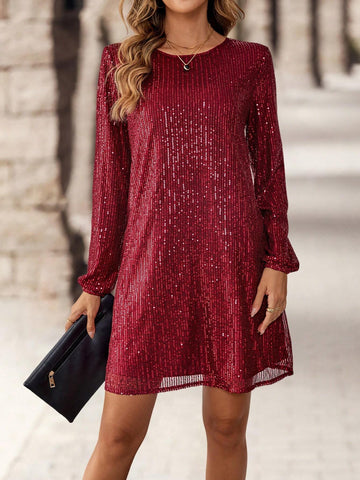 EMERY ROSE Women's Solid Color Sequin Patchwork Round Neck Long Sleeve Mini Dress