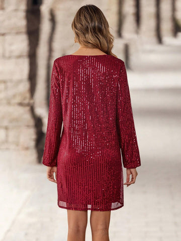 EMERY ROSE Women's Solid Color Sequin Patchwork Round Neck Long Sleeve Mini Dress