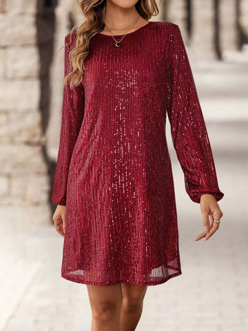 EMERY ROSE Women's Solid Color Sequin Patchwork Round Neck Long Sleeve Mini Dress