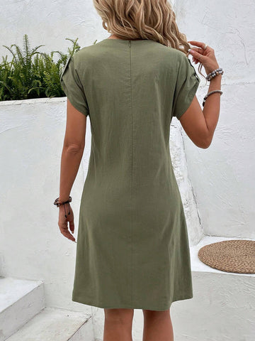 Women's Solid Color Short Sleeve Dress With Pockets Summer Cotton Casual Dress