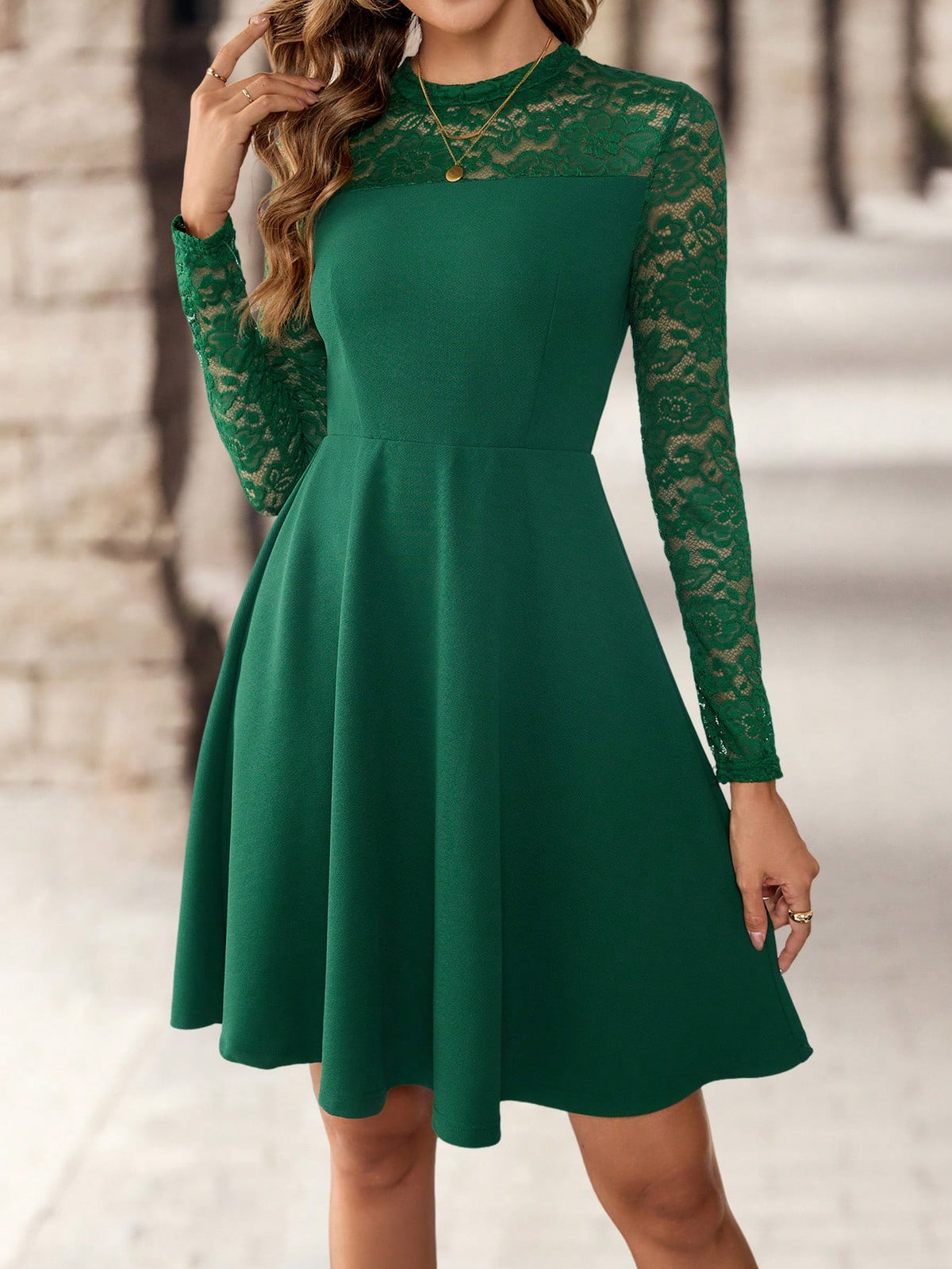 EMERY ROSE Women's Solid Color Stand Collar Long Sleeve Lace Patchwork Casual Loose Short Dress