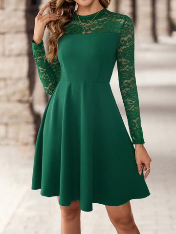 EMERY ROSE Women's Solid Color Stand Collar Long Sleeve Lace Patchwork Casual Loose Short Dress