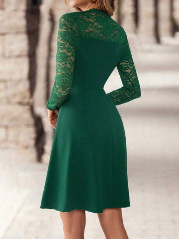 EMERY ROSE Women's Solid Color Stand Collar Long Sleeve Lace Patchwork Casual Loose Short Dress