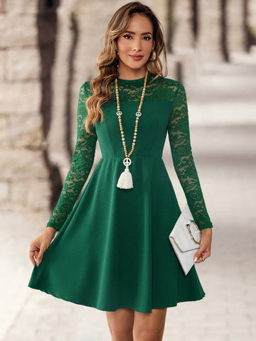 EMERY ROSE Women's Solid Color Stand Collar Long Sleeve Lace Patchwork Casual Loose Short Dress