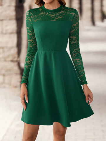 EMERY ROSE Women's Solid Color Stand Collar Long Sleeve Lace Patchwork Casual Loose Short Dress