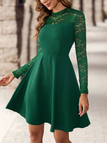 EMERY ROSE Women's Solid Color Stand Collar Long Sleeve Lace Patchwork Casual Loose Short Dress