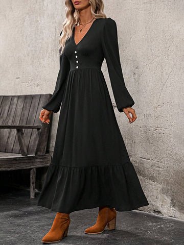 EMERY ROSE Women's Solid Color V-Neck Lantern Sleeve Elegant Dress, Spring/Summer