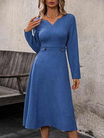 EMERY ROSE Women's Solid Color V-Neck Long Sleeve Casual Dress, Summer