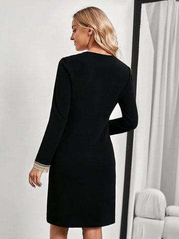 EMERY ROSE Women's Solid Color V-Neck Long Sleeve Casual Short Dress