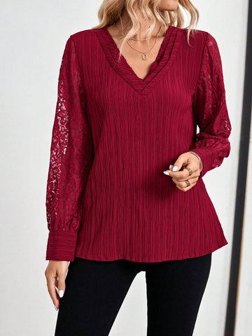 EMERY ROSE Women's Solid Color V-Neck Long Sleeve Contrast Lace Casual Blouse Fall Women Clothes