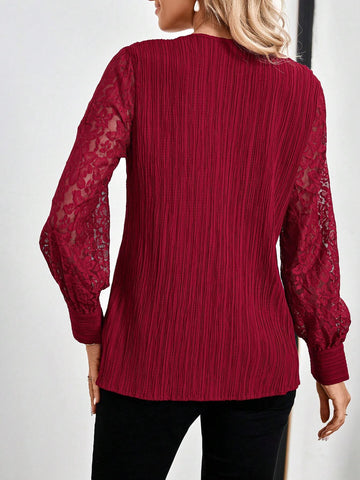 EMERY ROSE Women's Solid Color V-Neck Long Sleeve Contrast Lace Casual Blouse Fall Women Clothes