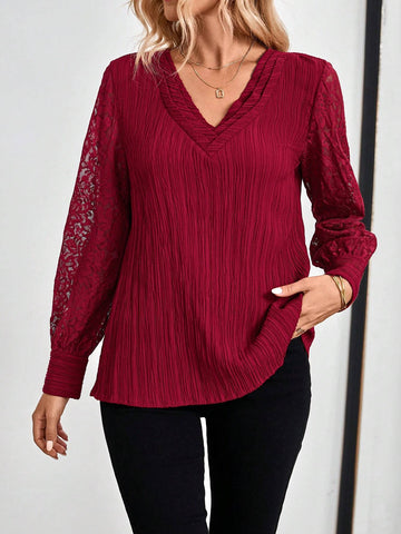 EMERY ROSE Women's Solid Color V-Neck Long Sleeve Contrast Lace Casual Blouse Fall Women Clothes