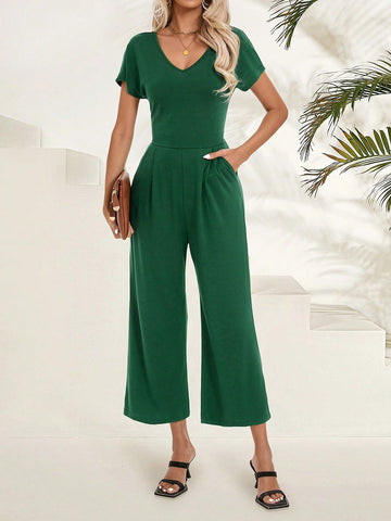 EMERY ROSE Women's Solid Color V-Neck Short Sleeve Jumpsuit With Simple Design Summer Women Rompers