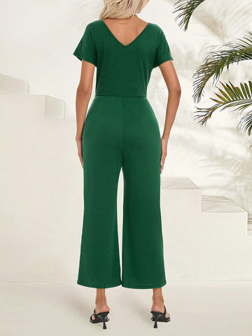 EMERY ROSE Women's Solid Color V-Neck Short Sleeve Jumpsuit With Simple Design Summer Women Rompers