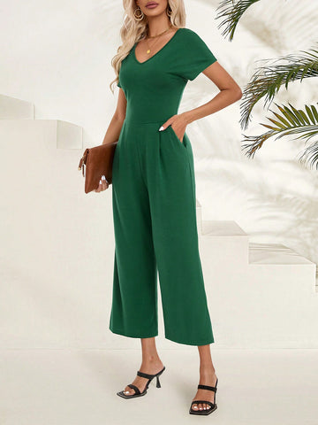 EMERY ROSE Women's Solid Color V-Neck Short Sleeve Jumpsuit With Simple Design Summer Women Rompers