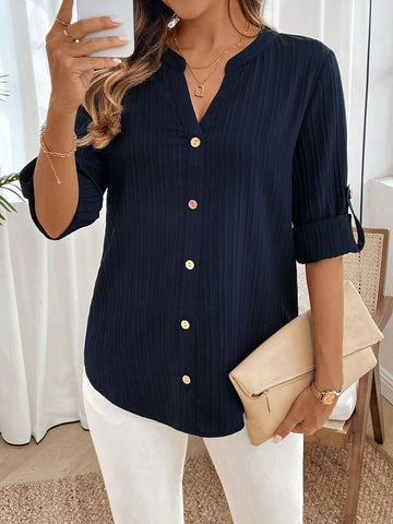EMERY ROSE Women's Solid Color V Neck Roll Cuff Loose Casual Shirt, Autumn