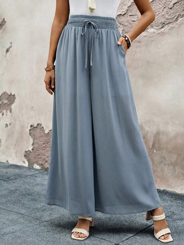 EMERY ROSE Women's Solid Color Wide Leg Pants With Elastic Waistband For Casual Daily Wear