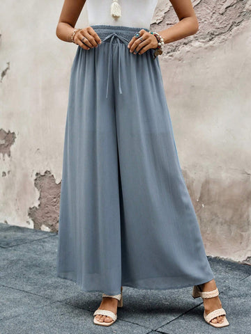 EMERY ROSE Women's Solid Color Wide Leg Pants With Elastic Waistband For Casual Daily Wear