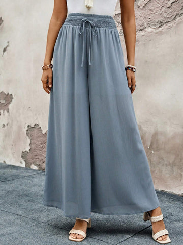 EMERY ROSE Women's Solid Color Wide Leg Pants With Elastic Waistband For Casual Daily Wear