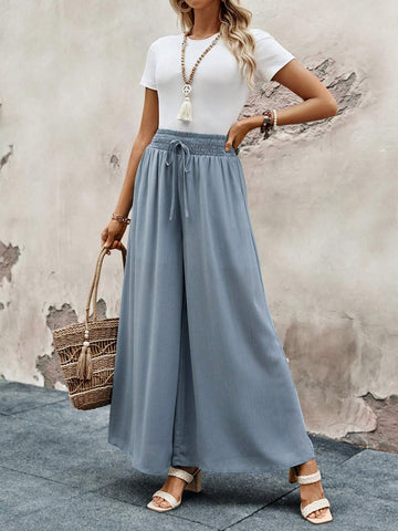 EMERY ROSE Women's Solid Color Wide Leg Pants With Elastic Waistband For Casual Daily Wear