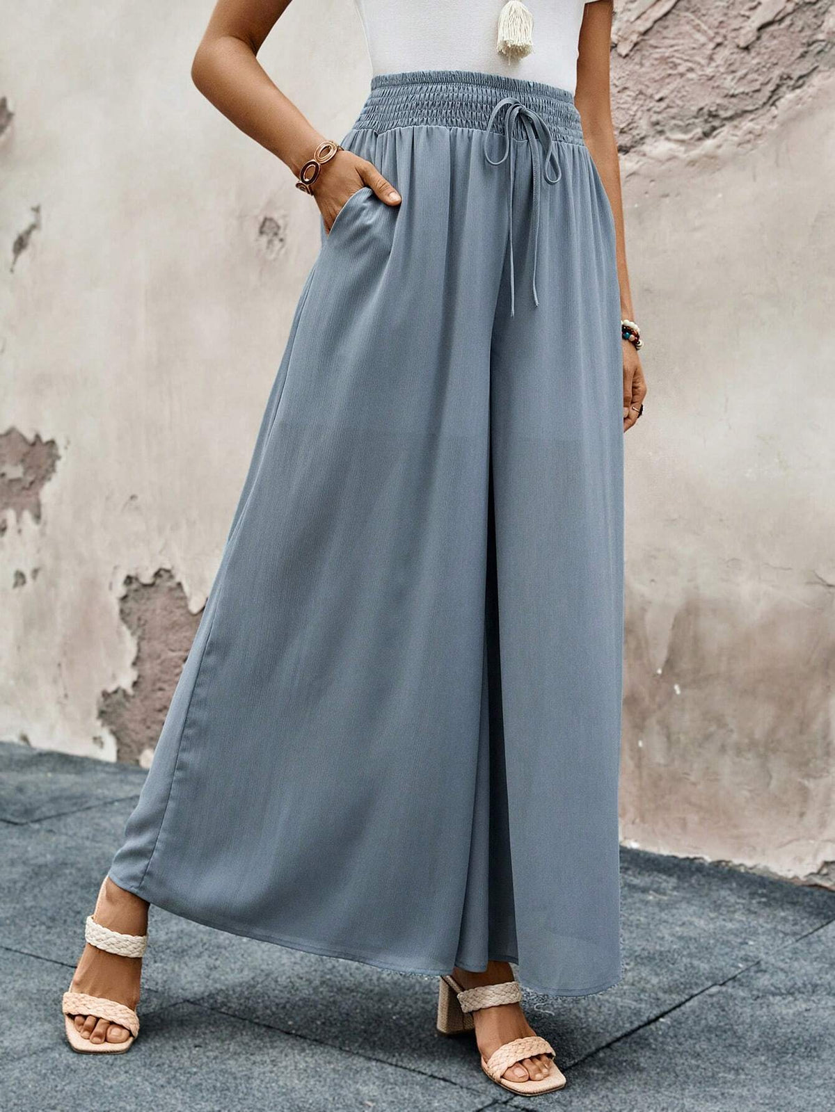 EMERY ROSE Women's Solid Color Wide Leg Pants With Elastic Waistband For Casual Daily Wear