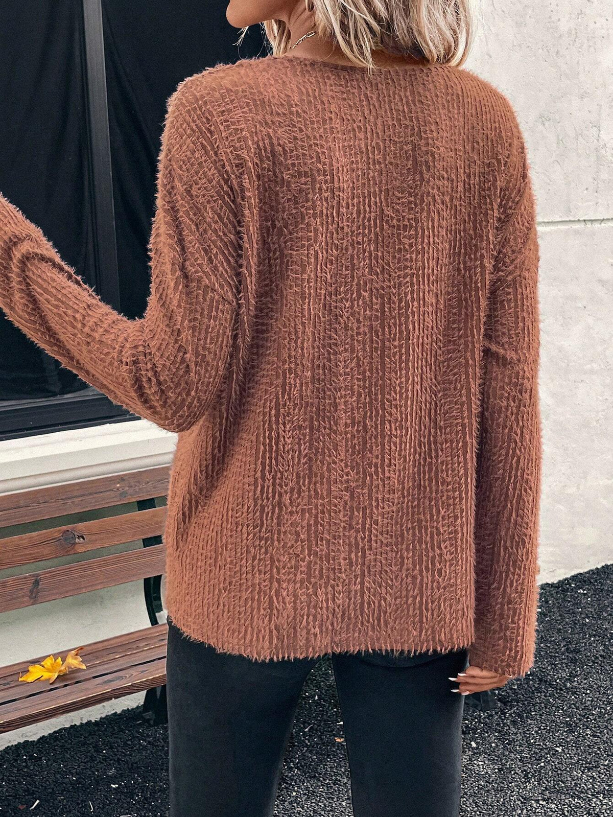 EMERY ROSE Women's Solid V-Neck Drop Shoulder Long Sleeve Loose Casual T-Shirt, Spring & Summer Tops With Sleeves Fall Women Clothes