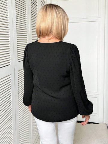 EMERY ROSE Women's Spring Autumn Solid Color Contrast Lace V-Neck Lantern Sleeve Elegant Blouse