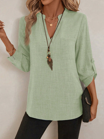 EMERY ROSE Women's Spring Full Print Notched Neck 3/4 Sleeve Blouse Work Shirt