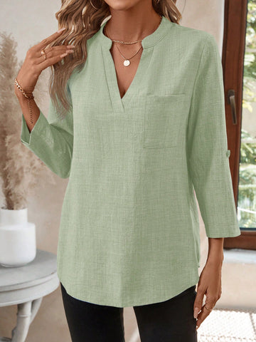 EMERY ROSE Women's Spring Full Print Notched Neck 3/4 Sleeve Blouse Work Shirt