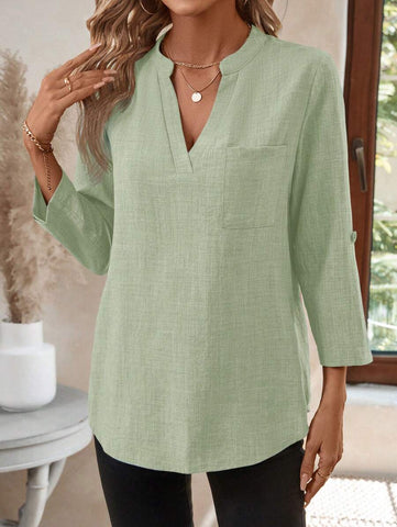 EMERY ROSE Women's Spring Full Print Notched Neck 3/4 Sleeve Blouse Work Shirt