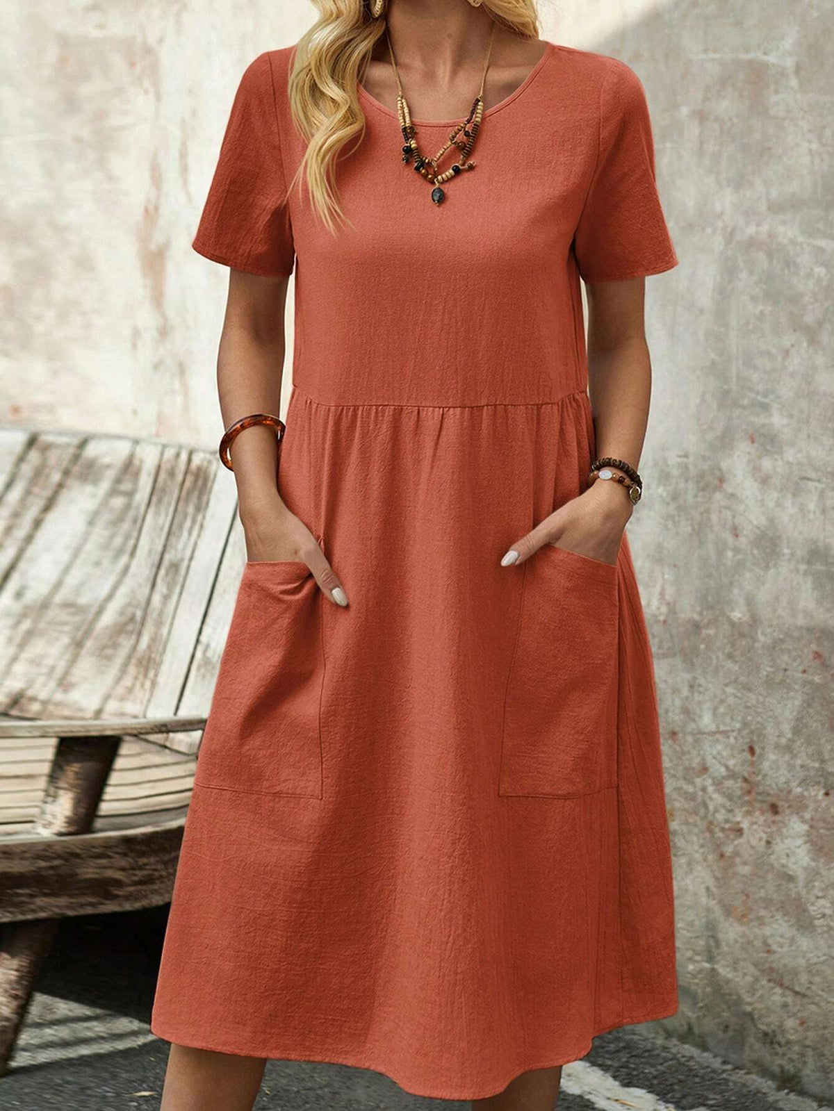 EMERY ROSE Women's Spring Round Neck Short-Sleeve Dress With Pockets And Doll Pattern