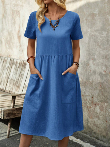 EMERY ROSE Women's Spring Round Neck Short-Sleeve Dress With Pockets And Doll Pattern