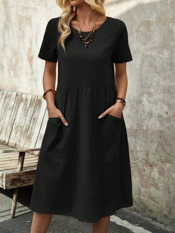EMERY ROSE Women's Spring Round Neck Short-Sleeve Dress With Pockets And Doll Pattern