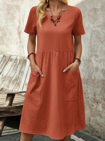 EMERY ROSE Women's Spring Round Neck Short-Sleeve Dress With Pockets And Doll Pattern