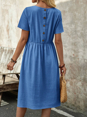 EMERY ROSE Women's Spring Round Neck Short-Sleeve Dress With Pockets And Doll Pattern