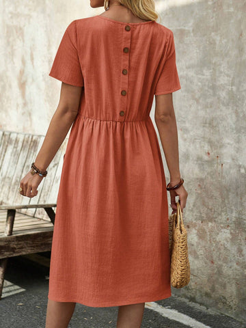 EMERY ROSE Women's Spring Round Neck Short-Sleeve Dress With Pockets And Doll Pattern